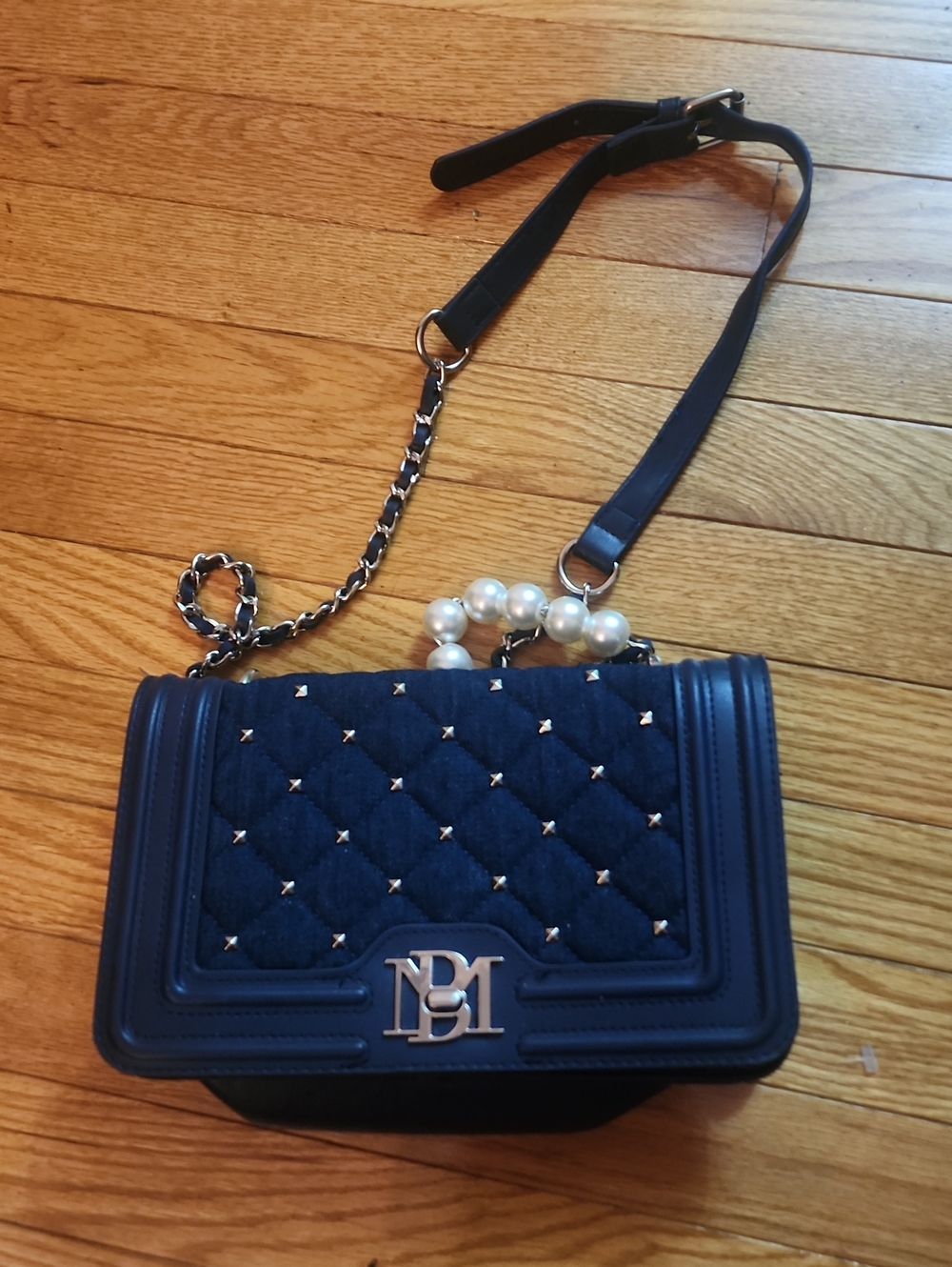 Bagley Mishka Blue Denim Pearl-Handle Quilted Navy Shoulder Bag